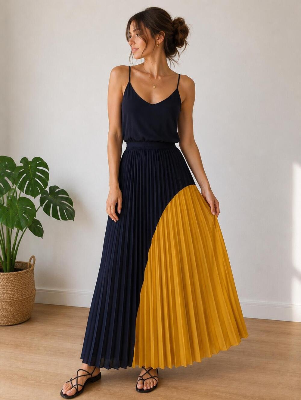 Free People Navy-Yellow Colorblock Pleated Maxi Skirt - Estimated Size: Medium